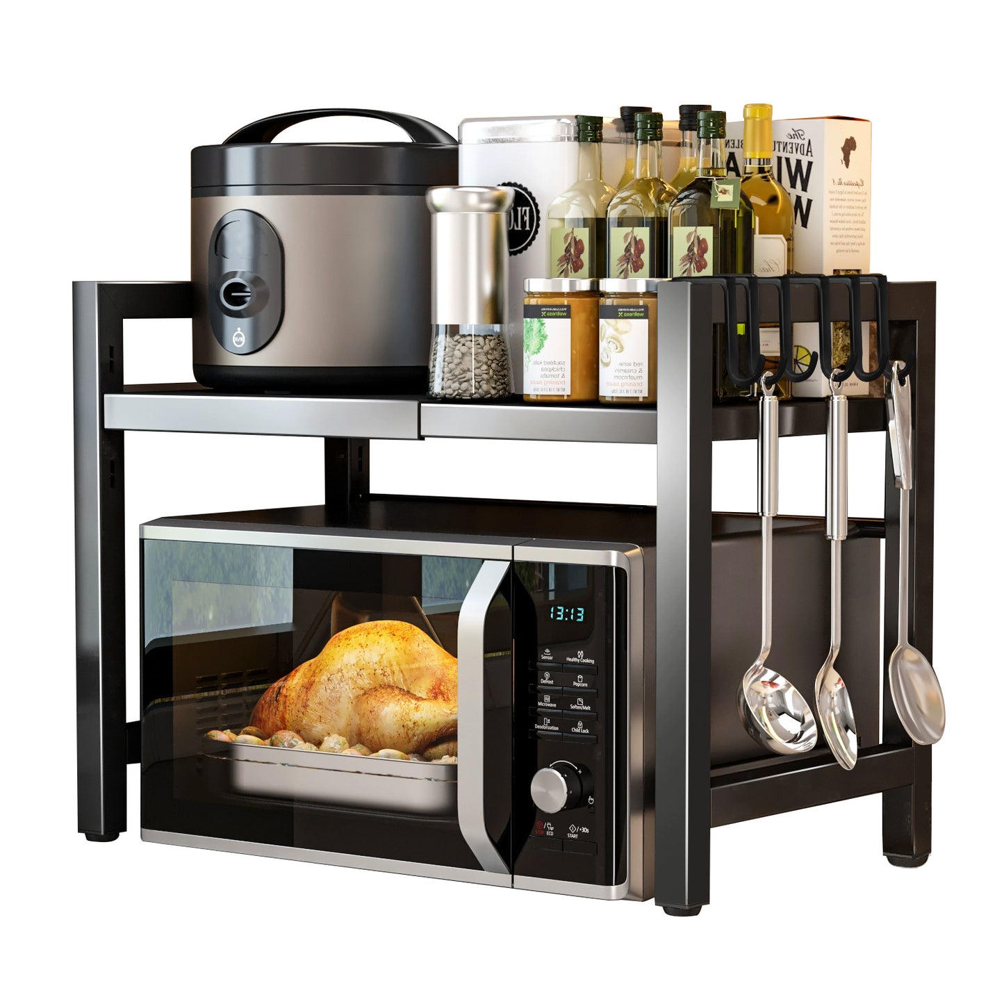 Black Single-layer Double Bar With 6 Hooks And Extendable Kitchen Storage Rack