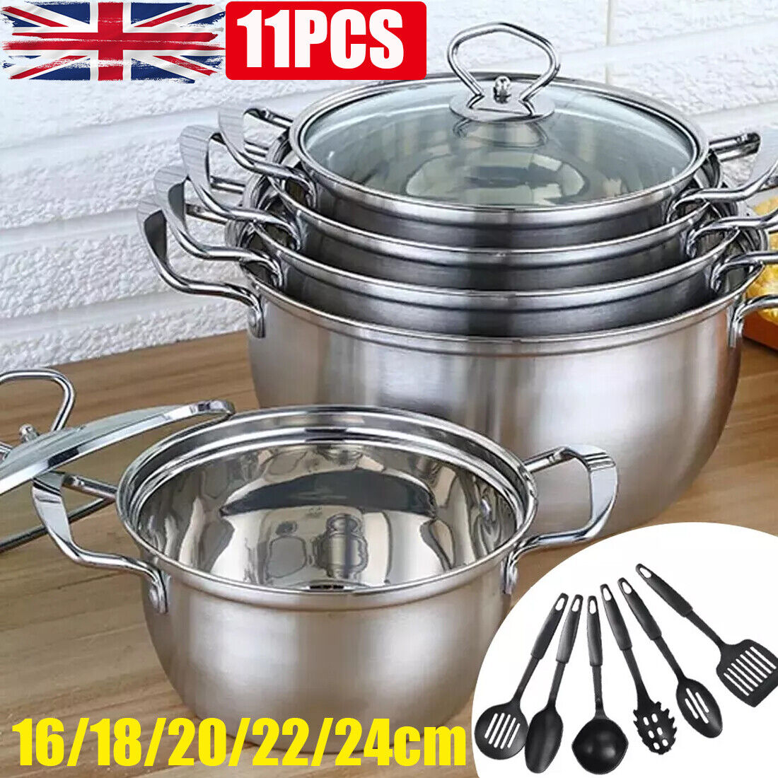 11PCS Induction Non Stick Stainless Steel Cookware Cooking Pot Pan With Lids Set